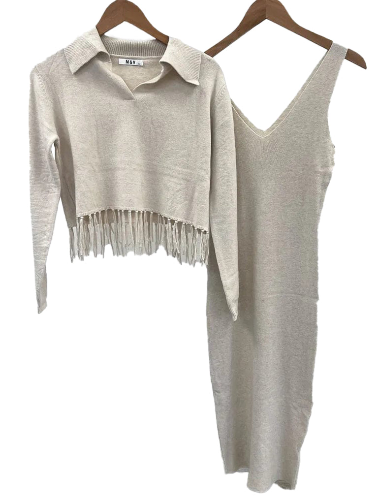 Fringe Knit Polo Crop Top and Dress Set