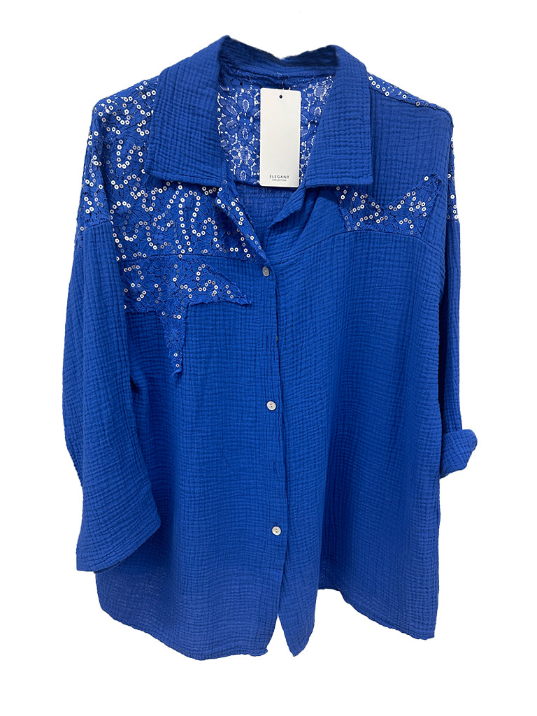 Sequin Lace Cheesecloth Oversized Shirt