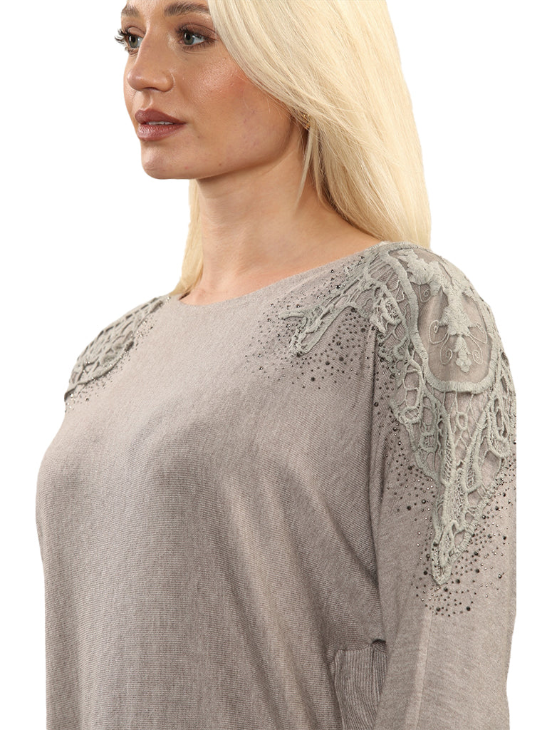 Lace and Rhinestone Shoulder Detail Knit Top