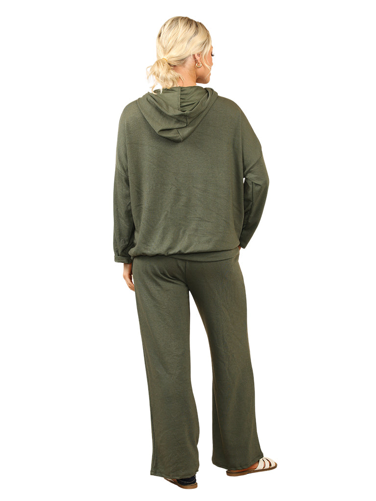 Women's wholesale jogger set with hooded zip-up top and straight leg jogger trousers.