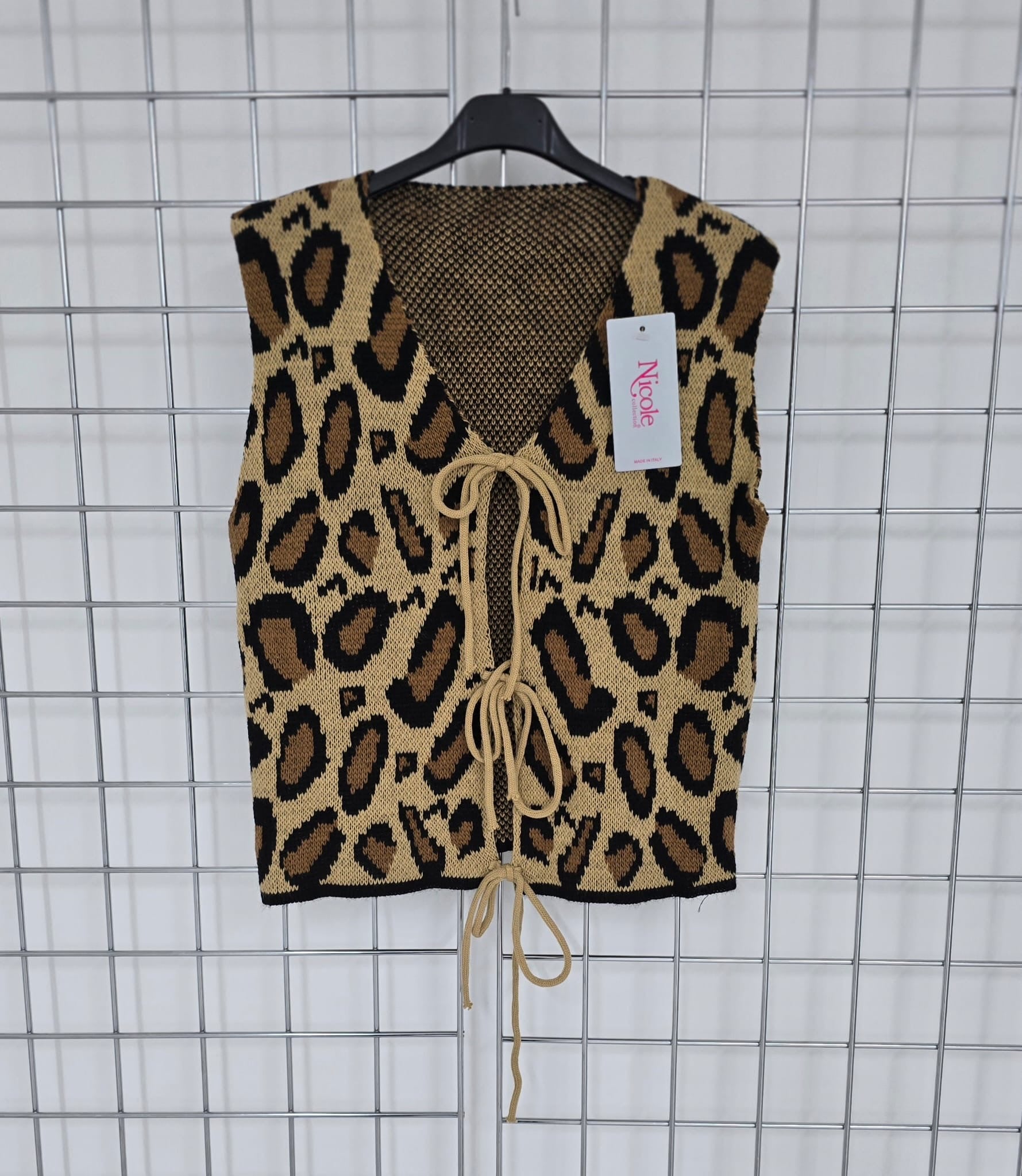 Sara animal print knit waistcoat with tie front detail