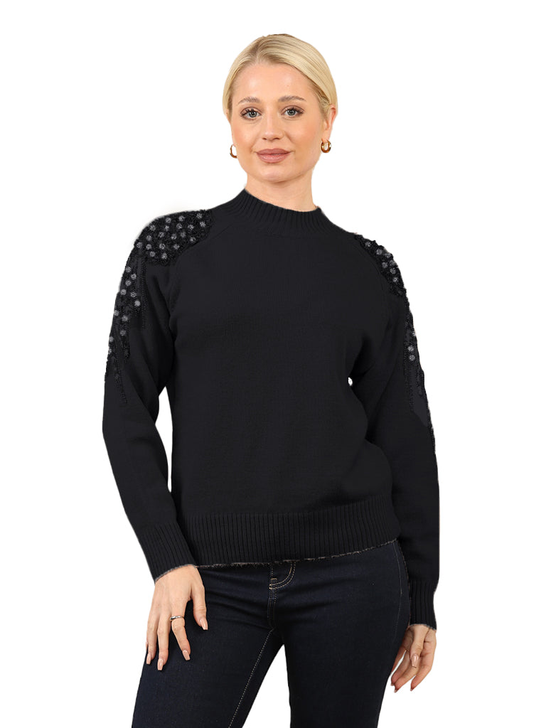 Embellished Net Shoulder Detail Knit Sweater