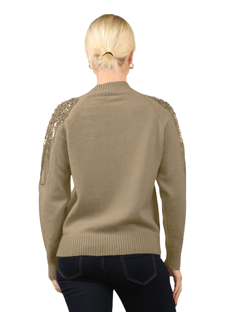 Embellished Net Shoulder Detail Knit Sweater