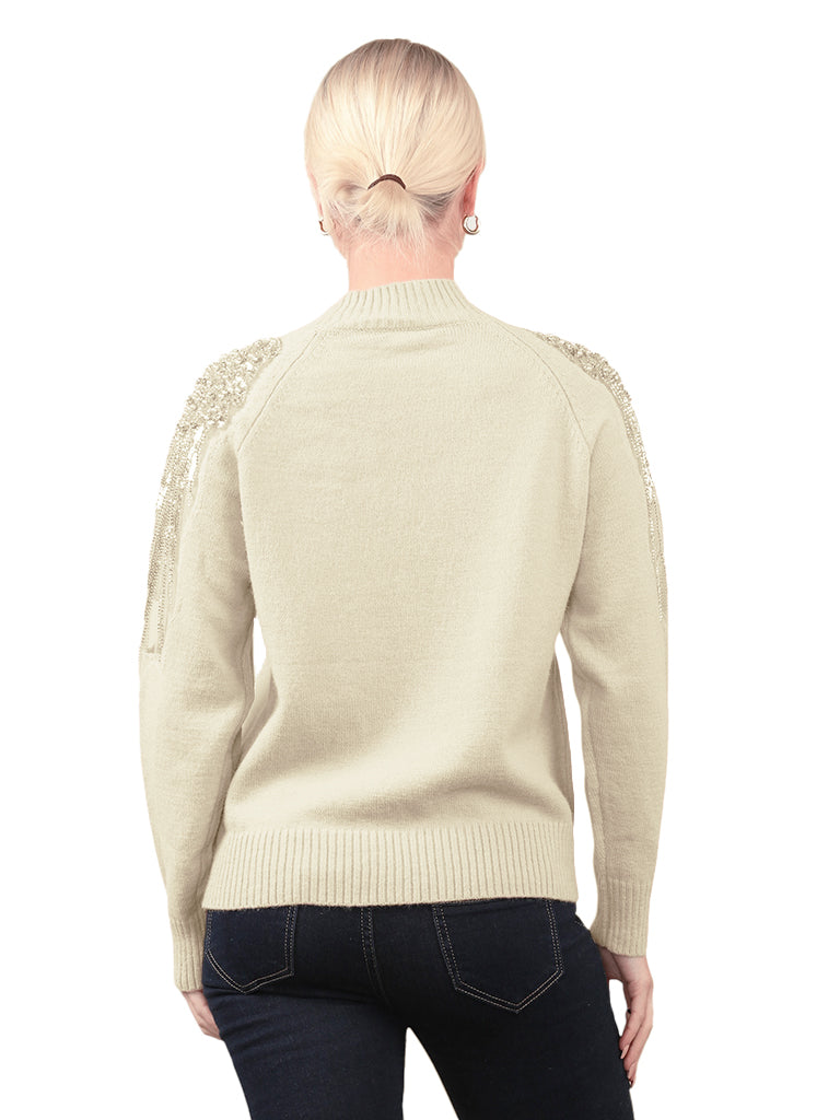 Embellished Net Shoulder Detail Knit Sweater